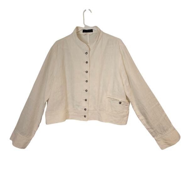 Peruvian Connection Reid White Slub Linen Button-Up Cropped Jacket, Size 18 - Picture 2 of 9
